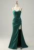 Charger l&#39;image dans la galerie, Sangles Spaghetti Sirène Robe de bal longue vert foncé avec front fendu