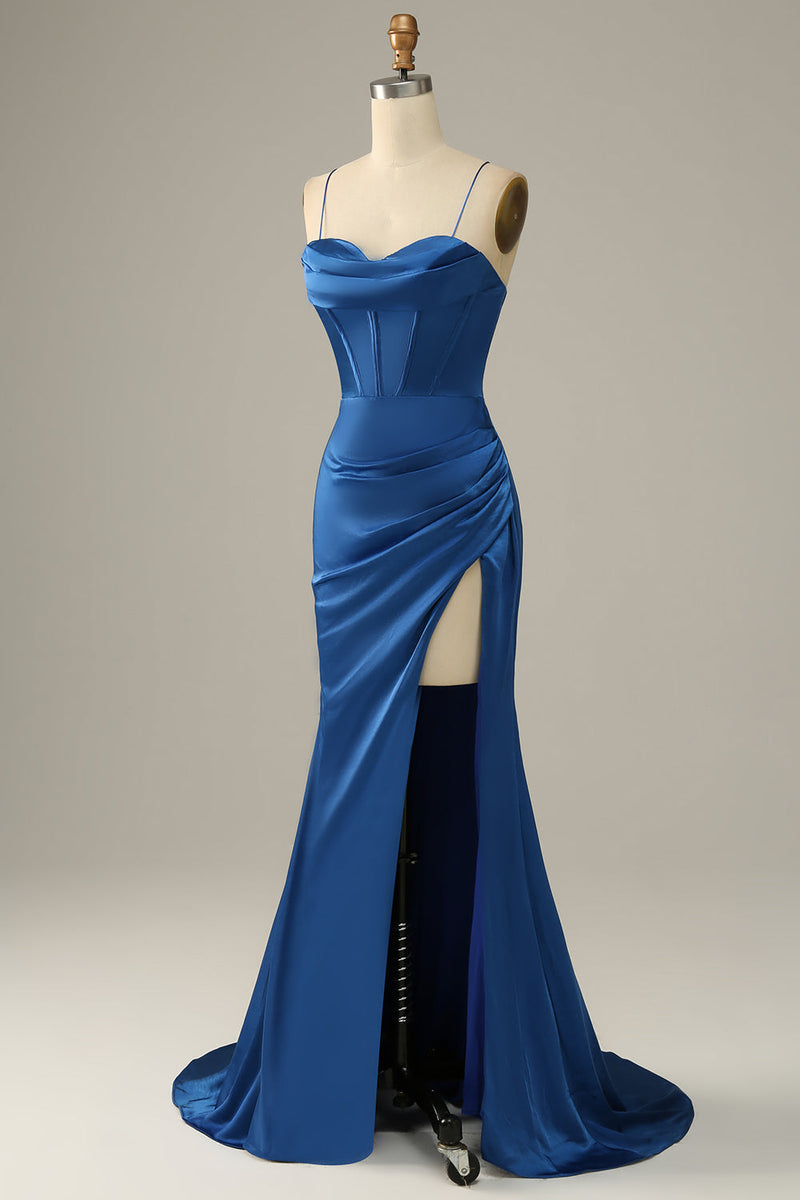 Charger l&#39;image dans la galerie, Longs Spaghetti Straps Royal Blue Mermaid Robe de bal