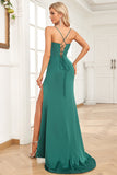 Sangles Spaghetti Sirène Robe de bal longue vert foncé avec front fendu