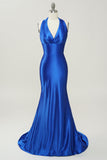 Robe de bal bleu royal en dentelle sans dos