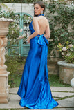 Robe de bal bleu royal en dentelle sans dos