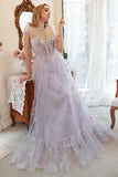 Tulle Lavande A Line Corset Plus Taille Robe de bal avec broderie brodée