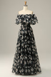 Detachable Strapless Black Flower Off The Shoulder Prom Dress