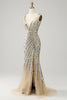 Charger l&#39;image dans la galerie, Mermaid Deep V Neck Golden Long Prom Robe avec limon