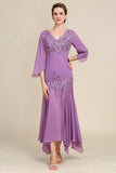 Sirène Violette Gris Mousseline de Mousseline Robe de mère de la mariée avec dentelle