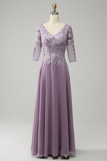 Robe de mère de mariée en mousseline de soie violette grise avec dentelle