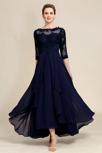 Robe de mère de mariée marine asymétrique à manches longues