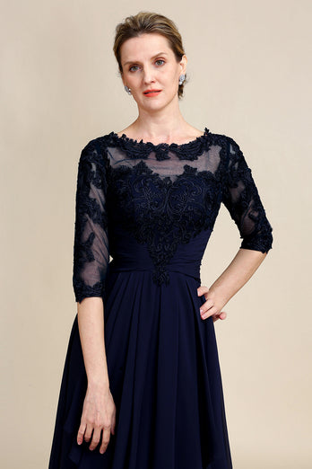 Robe de mère de mariée marine asymétrique à manches longues