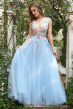 Une ligne Deep V Col Bleu Clair Robes de soirée longues avec appliques