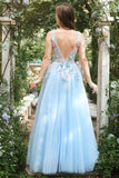 Une ligne Deep V Col Bleu Clair Robes de soirée longues avec appliques