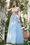Une ligne Deep V Col Bleu Clair Robes de soirée longues avec appliques