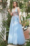 Une ligne Deep V Col Bleu Clair Robes de soirée longues avec appliques