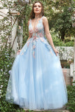 Une ligne Deep V Col Bleu Clair Robes de soirée longues avec appliques