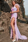 Mermaid Sweetheart Purple Sequins Long Robe de bal avec plume