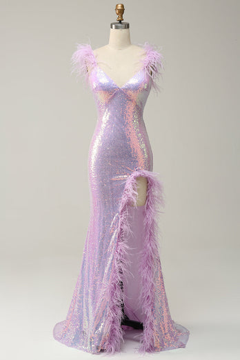 Mermaid Sweetheart Purple Sequins Long Robe de bal avec plume