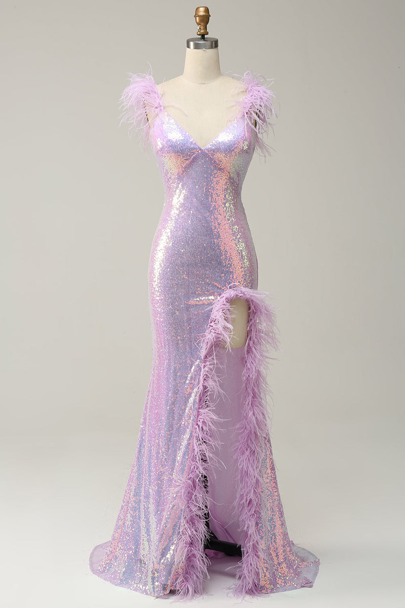 Charger l&#39;image dans la galerie, Mermaid Sweetheart Purple Sequins Long Robe de bal avec plume