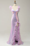 Mermaid Sweetheart Purple Sequins Long Robe de bal avec plume