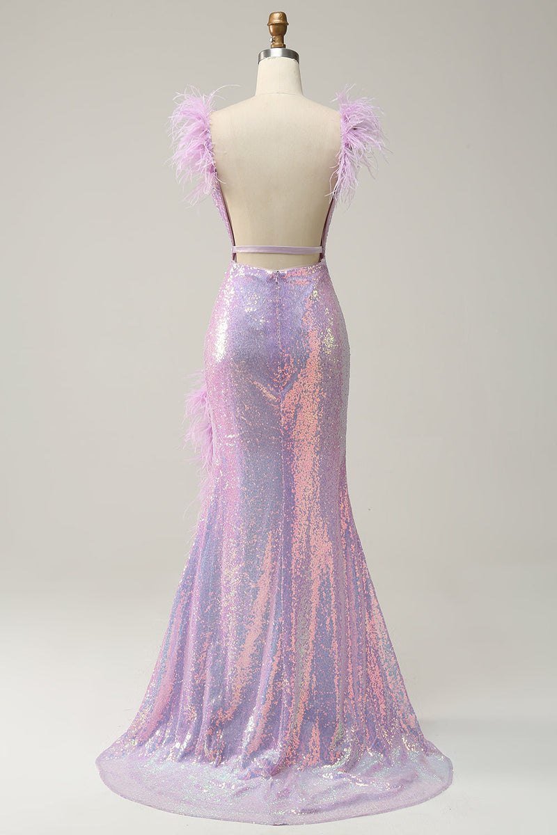 Charger l&#39;image dans la galerie, Mermaid Sweetheart Purple Sequins Long Robe de bal avec plume