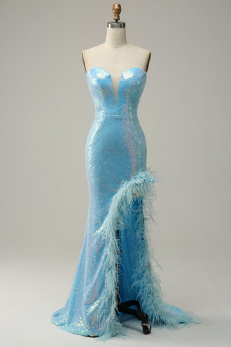Mermaid Sweetheart Light Blue Sequins Long Prom Robe avec plume
