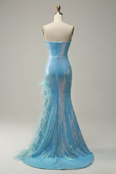 Mermaid Sweetheart Light Blue Sequins Long Prom Robe avec plume