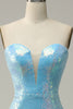 Charger l&#39;image dans la galerie, Mermaid Sweetheart Light Blue Sequins Long Prom Robe avec plume