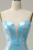 Mermaid Sweetheart Light Blue Sequins Long Prom Robe avec plume