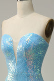 Mermaid Sweetheart Light Blue Sequins Long Prom Robe avec plume