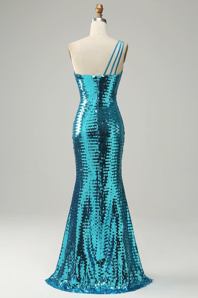 Charger l&#39;image dans la galerie, Robe de bal à paillettes bleu étincelante à une épaule avec fente