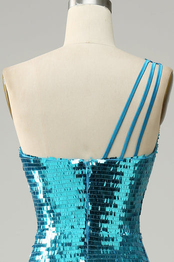 Robe de bal à paillettes bleu étincelante à une épaule avec fente