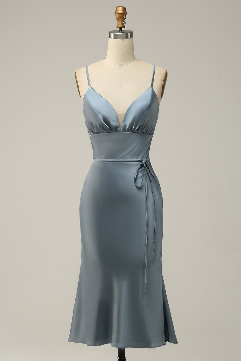 Charger l&#39;image dans la galerie, Robe de demoiselle d&#39;honneur bleue en satin à bretelles spaghetti