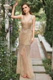 Mermaid Deep V Neck Golden Long Prom Robe avec dos ouvert