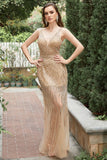 Mermaid Deep V Neck Golden Long Prom Robe avec dos ouvert