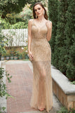 Mermaid Deep V Neck Golden Long Prom Robe avec dos ouvert