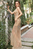 Charger l&#39;image dans la galerie, Mermaid Deep V Neck Golden Long Prom Robe avec dos ouvert