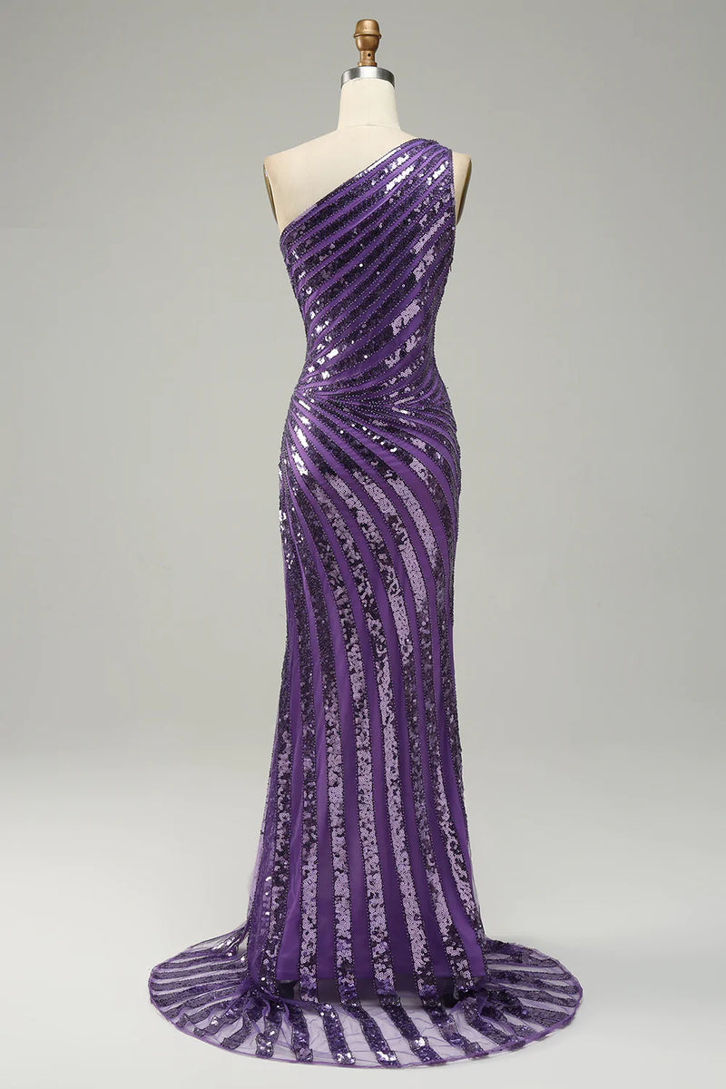 Charger l&#39;image dans la galerie, Robe de bal à paillettes violettes à une épaule avec fente