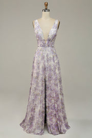 Iovry Purple Robe de bal imprimée V-Neck avec fente
