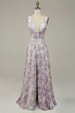 Iovry Purple Robe de bal imprimée V-Neck avec fente