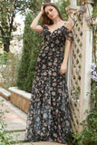 Robe de bal noire Chiffon Off Shoulder avec fleurs