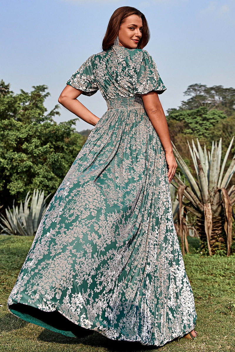 Charger l&#39;image dans la galerie, Une robe de bal Line V col vert imprimé floral plus grande taille avec manches courtes