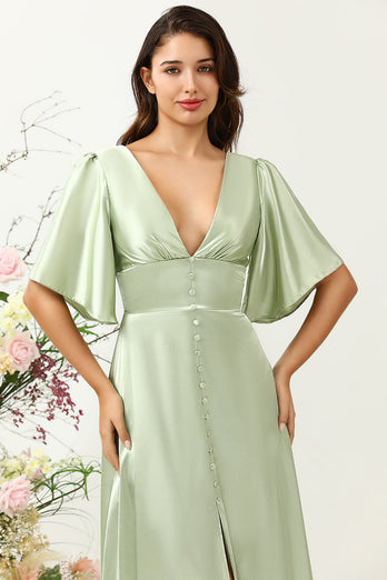Une robe d’invité de mariage Line Col V Profond Vert Clair avec demi-manches