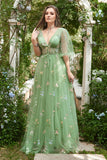 A-Line V-Neck Broderie Robe de bal longue verte à manches courtes