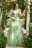 Charger l&#39;image dans la galerie, A-Line V-Neck Broderie Robe de bal longue verte à manches courtes