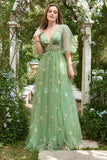 A-Line V-Neck Broderie Robe de bal longue verte à manches courtes