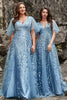 Charger l&#39;image dans la galerie, Une robe de soirée Line V Col Gris Bleu Grande taille avec Appliques