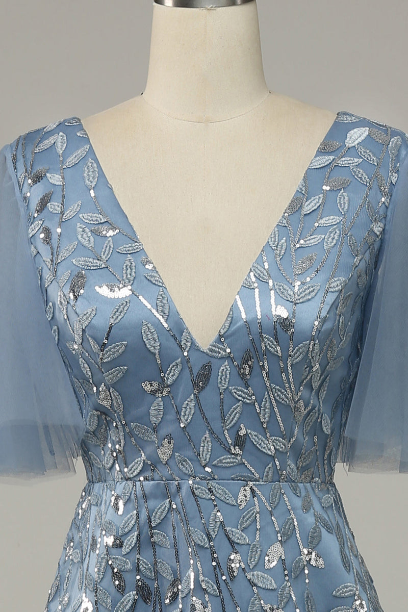 Charger l&#39;image dans la galerie, Grey Blue Tulle Brodéed Leaves Robe de bal