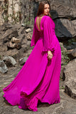 Une ligne Deep V Neck Dark Fuchsia Plus Taille Robe de bal avec manches longues