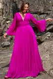 Une ligne Deep V Neck Dark Fuchsia Plus Taille Robe de bal avec manches longues