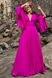 Une ligne Deep V Neck Dark Fuchsia Plus Taille Robe de bal avec manches longues