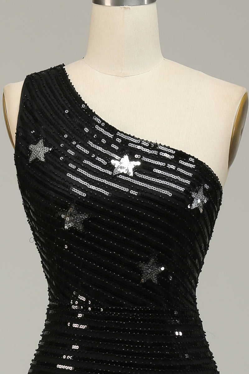 Charger l&#39;image dans la galerie, Paillettes Sirène Une épaule Robe de bal longue noire avec étoile