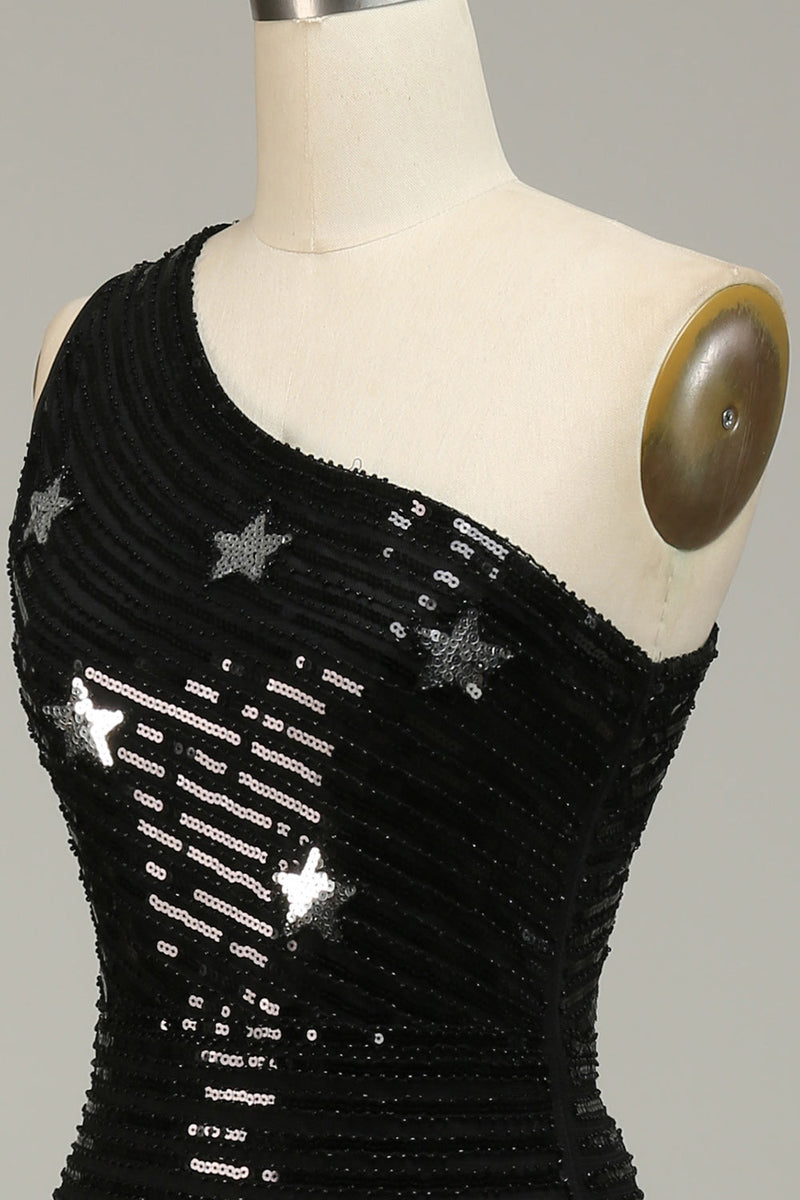 Charger l&#39;image dans la galerie, Paillettes Sirène Une épaule Robe de bal longue noire avec étoile